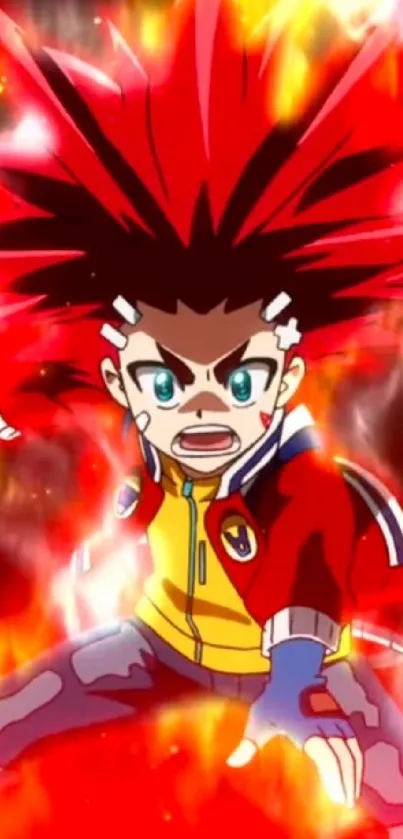 Anime character in action with fiery background.