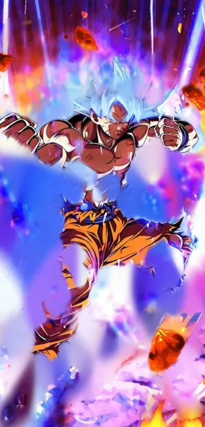 Vibrant anime character with energy bursts in vivid blue and orange hues.