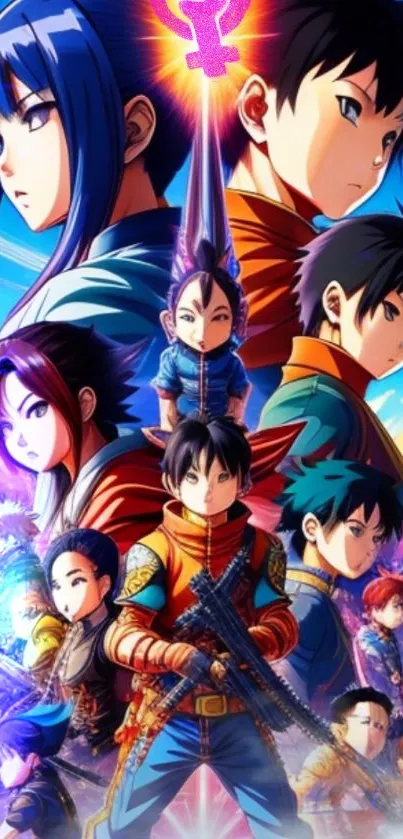 Vibrant anime action wallpaper with colorful characters and dynamic poses.