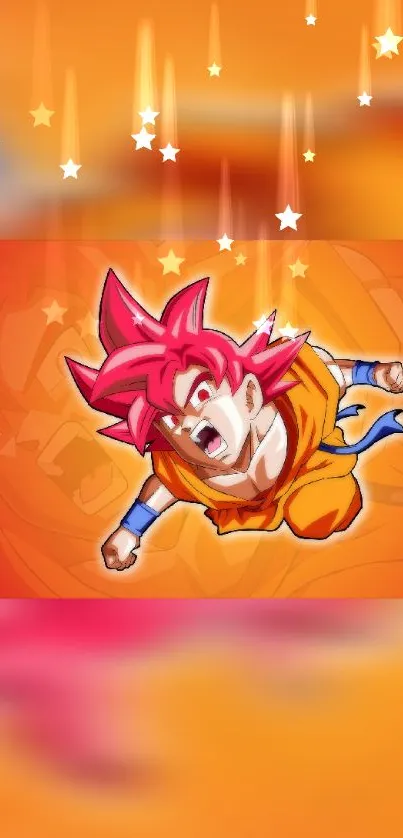 Anime character in vibrant motion on orange background with pink and blue accents.