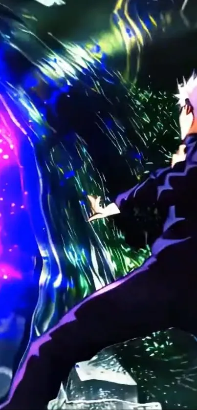 Anime character in dynamic action scene with purple and blue aura.