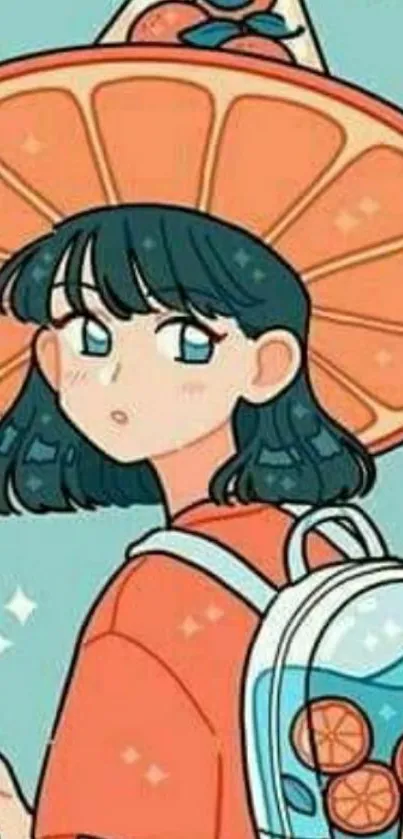 Anime girl with orange theme wearing a citrus hat and backpack.