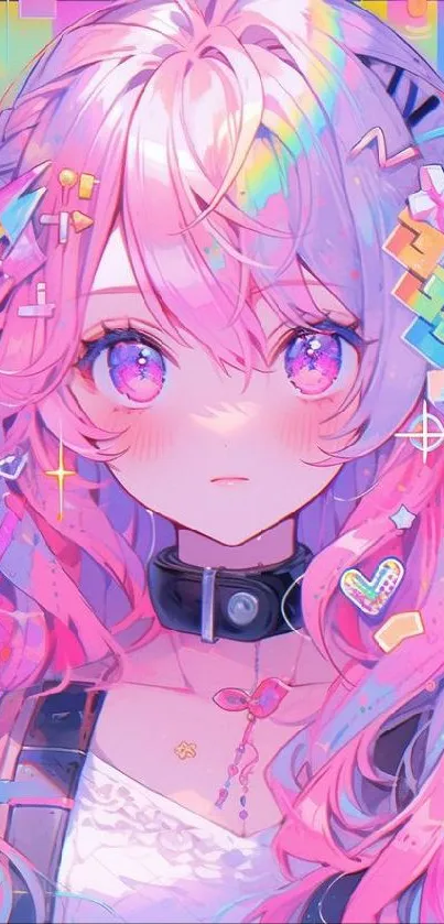 Vibrant anime character with neon hair.