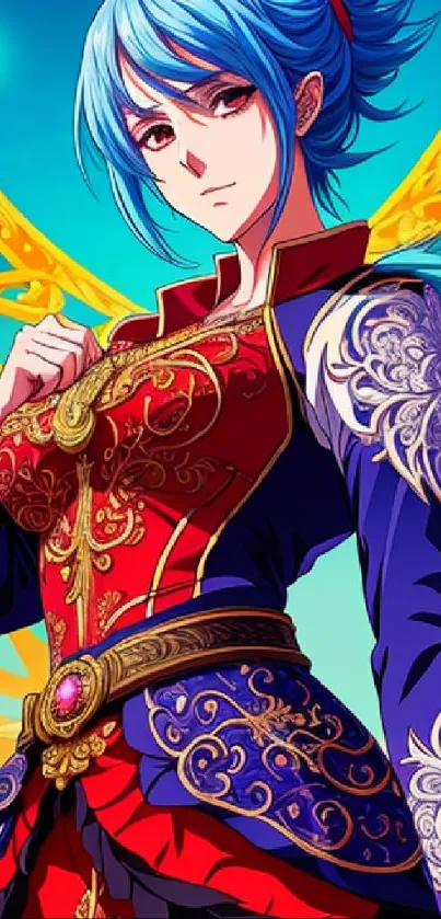Blue-haired anime character with vibrant, colorful attire.
