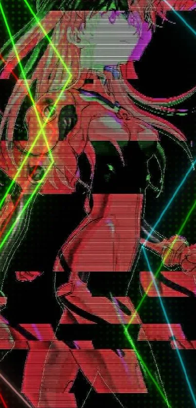 Anime character with glitch effect in red hues for a mobile wallpaper.