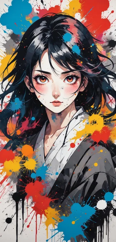 Anime character with colorful splashes on a vibrant mobile wallpaper.