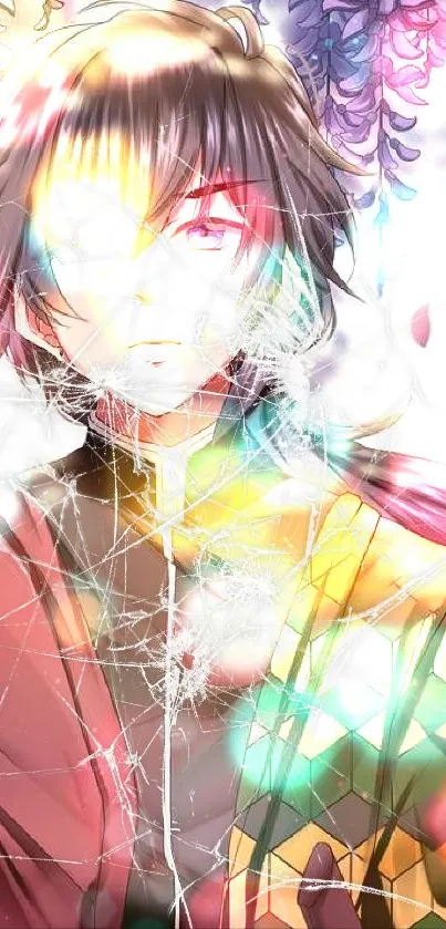 Anime art wallpaper with colorful abstract design and broken glass effect.