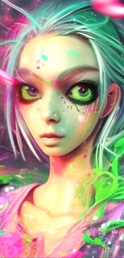 Vibrant anime character with neon colors and expressive green eyes on wallpaper.