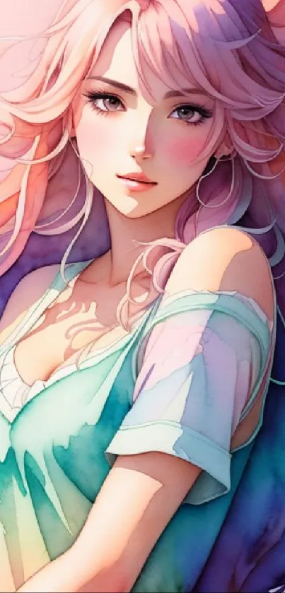 Vibrant anime girl with pastel hair, wearing a teal dress.