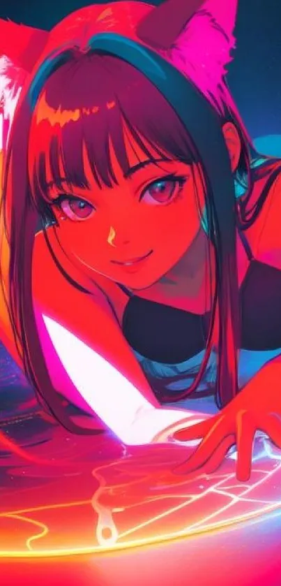 Anime artwork with cat ears and neon colors, perfect for vibrant mobile wallpaper.