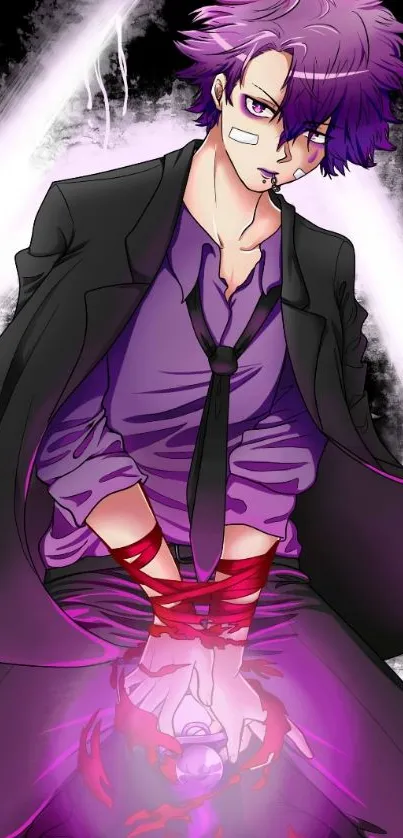 Anime character with purple hair in a suit and vibrant design.