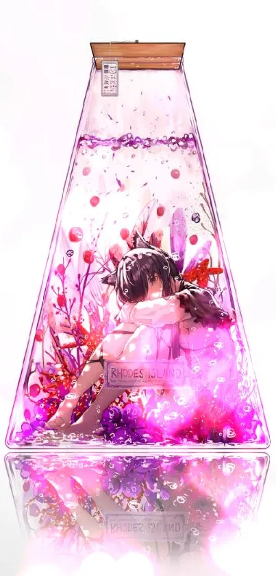 Anime girl art in a glass bottle with purple and pink accents.