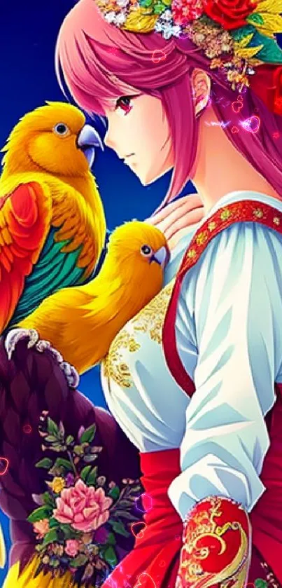 Colorful anime character with parrots and flowers in vibrant setting.