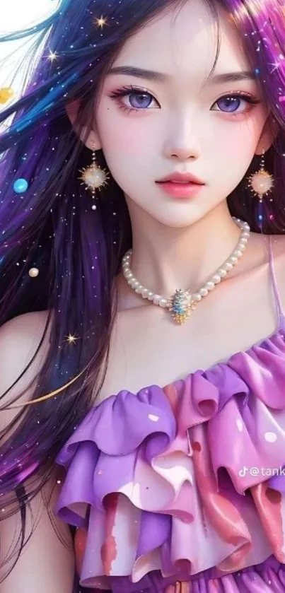 Anime character in purple dress with vibrant hair and colorful background.