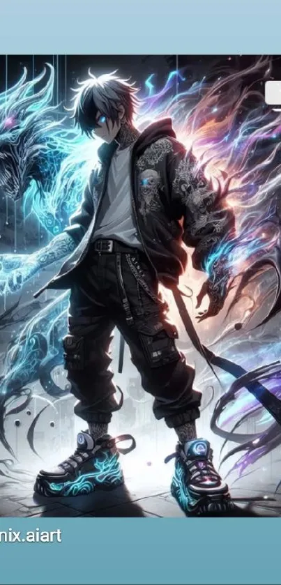 Anime character with fiery aura in a hoodie, vibrant fantasy art.