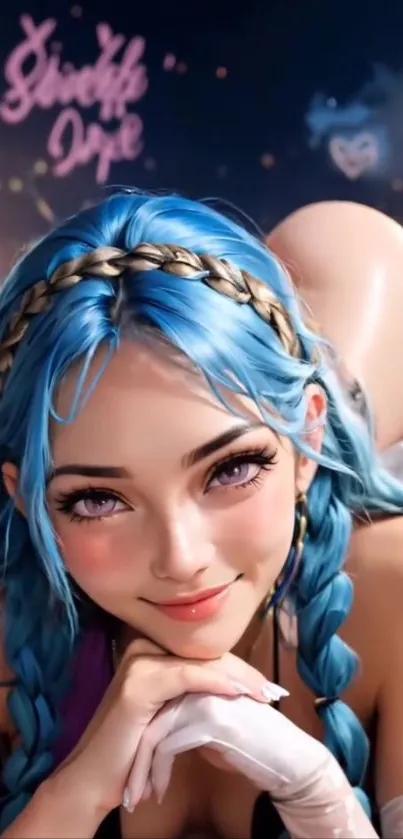 Anime character with blue hair and tattoos in a vibrant artwork.