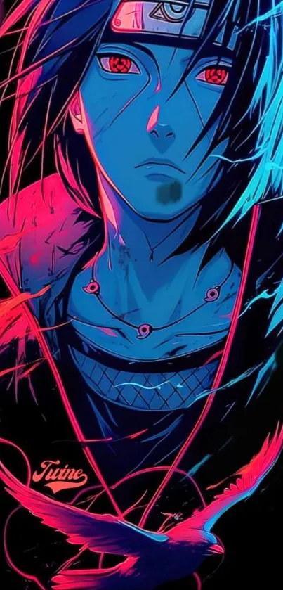 A vibrant anime character with neon colors set against a dark background.