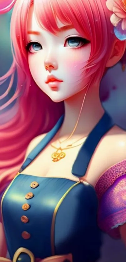 Anime character with pink hair and floral accessory.