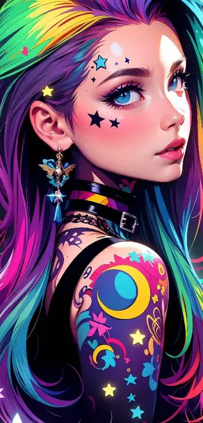 Colorful anime character with tattoos and vibrant hair.