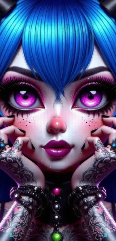 Anime character with blue hair and vivid eyes.