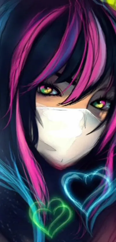 Anime art wallpaper with neon colors and a masked character.