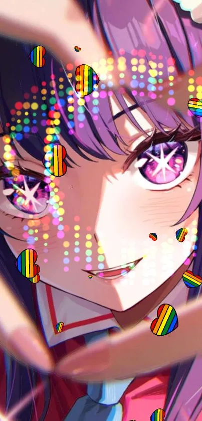 Anime character wallpaper with vibrant purple hues and colorful details.