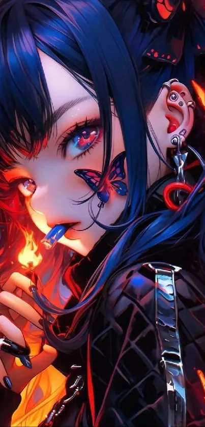 Anime girl with butterflies and fire in a vibrant, dark blue art wallpaper.