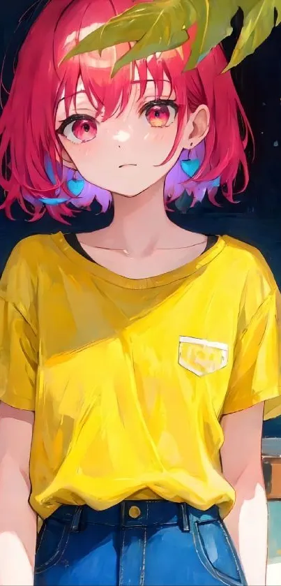 Anime girl with red hair and a yellow shirt against a dark background.