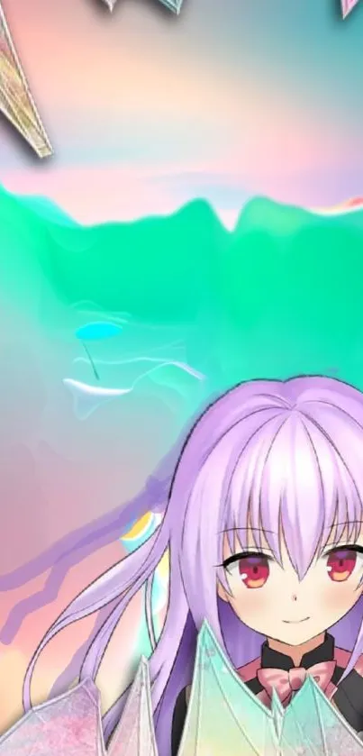 Anime character with colorful fantasy background and purple hair.