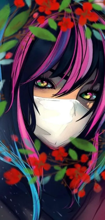 Anime wallpaper with a masked character, pink hair, and vibrant floral accents.