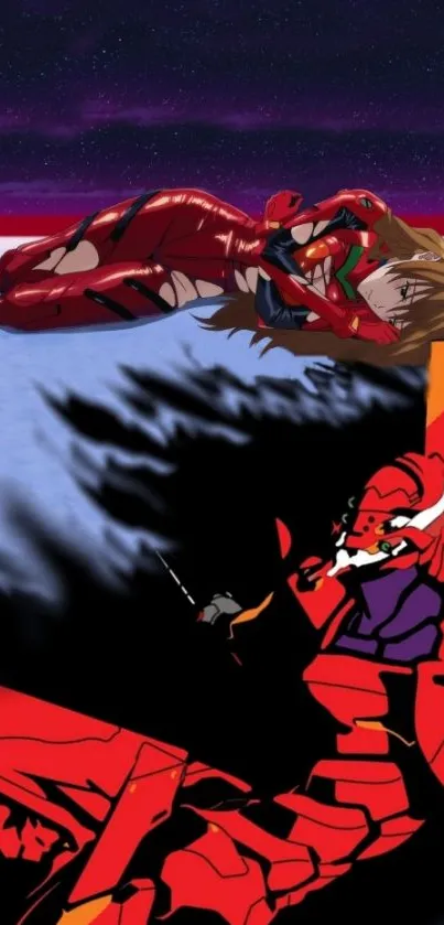 Anime character in red suit lying on futuristic scene.