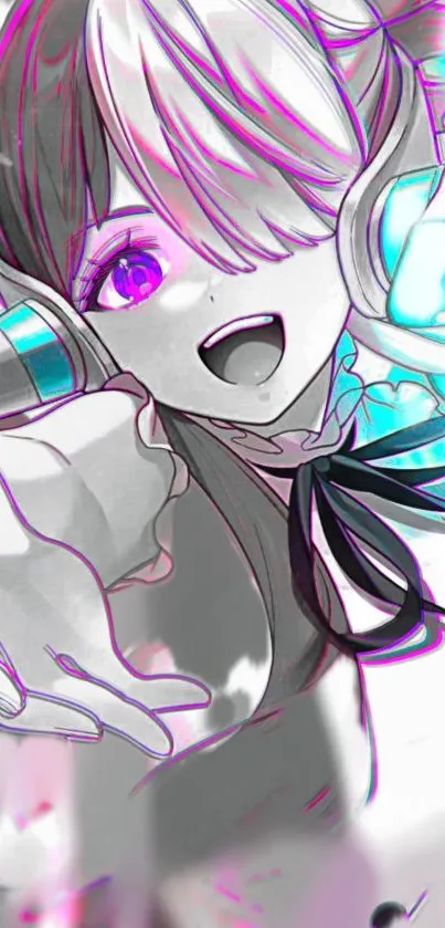 Vibrant anime girl with headphones and magenta highlights.