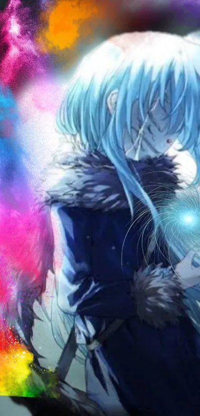 Animated blue-haired character with colorful aura.