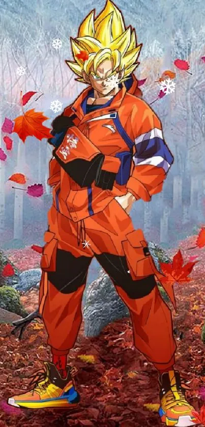 Anime character in autumn forest with colorful leaves.