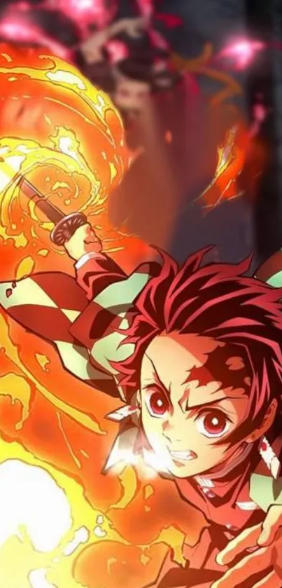 Anime character wielding sword in fiery, dynamic action scene.