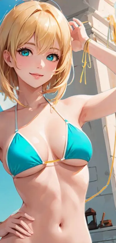 Anime character in turquoise bikini with beach backdrop.