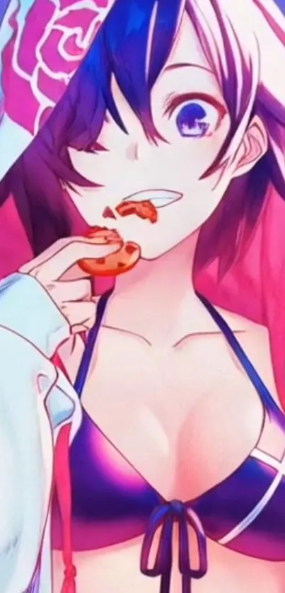 Anime girl eating snack on beach.