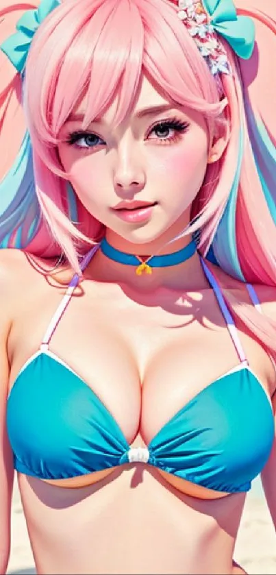 Anime girl with pink hair at the beach in blue bikini.