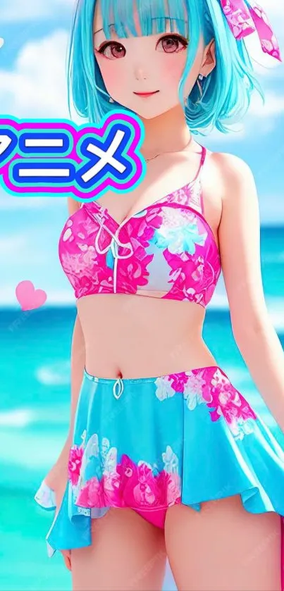 Anime character on a vibrant beach.