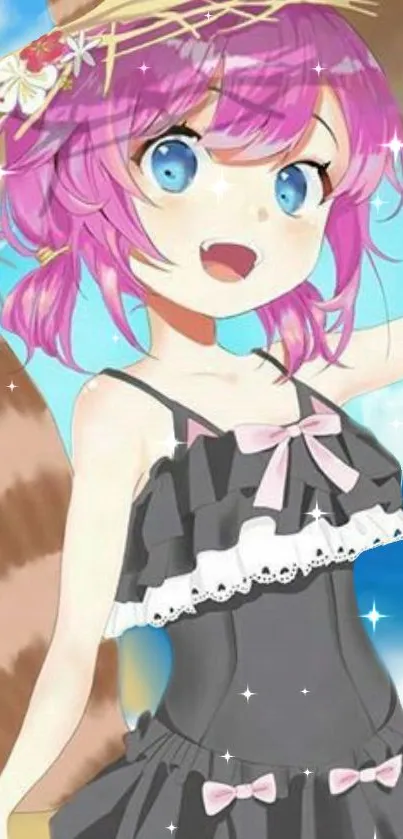 Anime girl with pink hair on sunny beach.