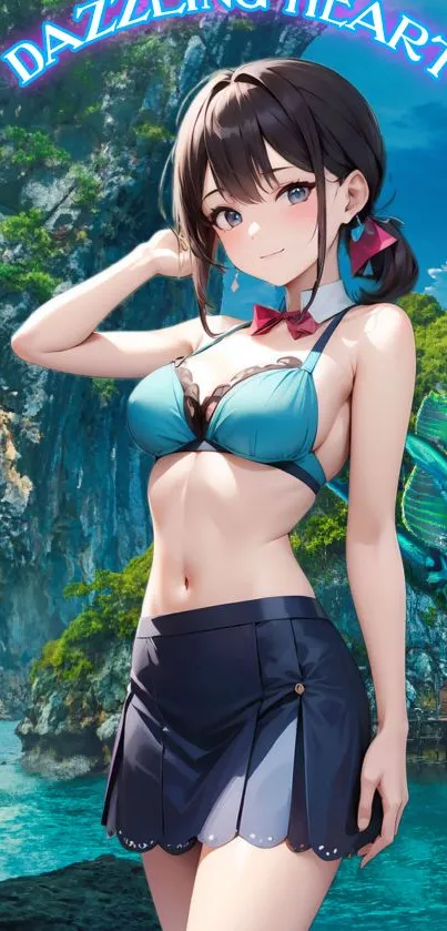 Anime girl in blue bikini on tropical beach wallpaper.