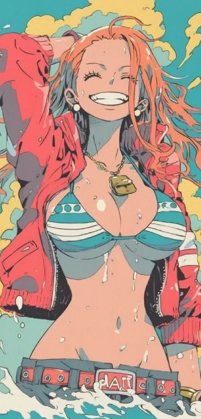 Vibrant anime character in a beach scene, orange hair and red jacket on turquoise background.