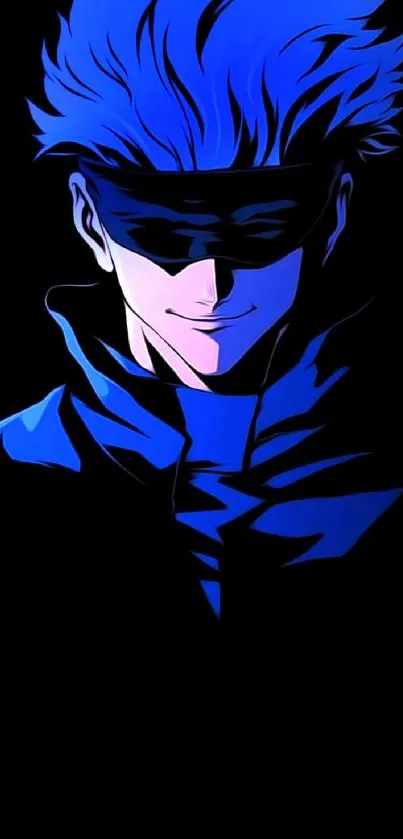 Anime character with vibrant blue hair on a dark background.