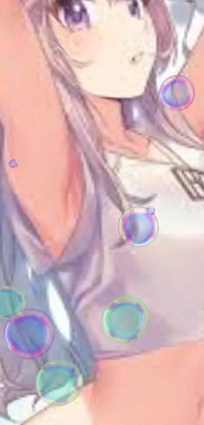 Anime girl with pastel colors and bubbles in a fantasy scene.