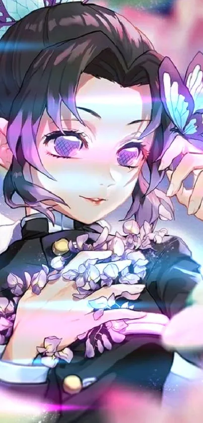 Anime character with butterflies and purple hues.