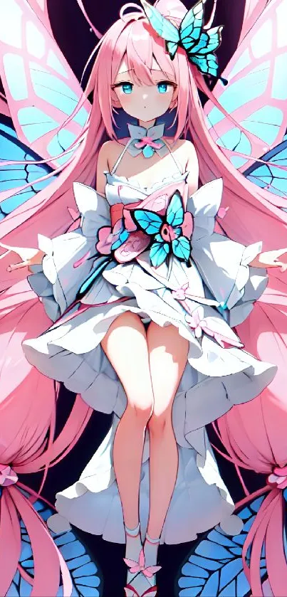 Anime girl with pink hair and butterfly wings in vibrant colors.