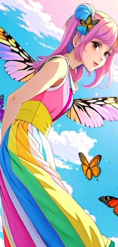 Anime fairy with butterfly wings in colorful dress against a bright sky.