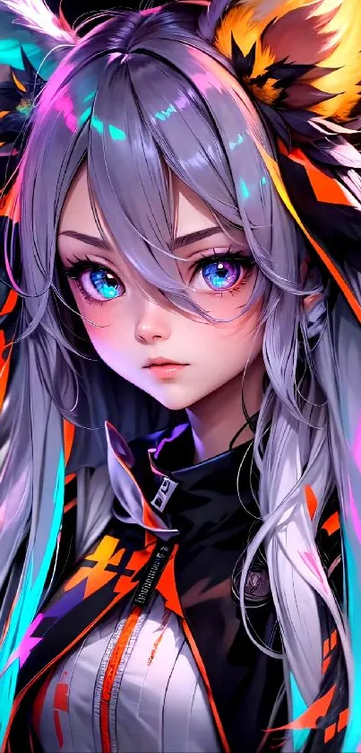 Vibrant anime character with colorful hair and striking blue eyes.