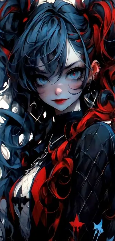 Anime girl with black curls and red highlights in a stunning portrait design.