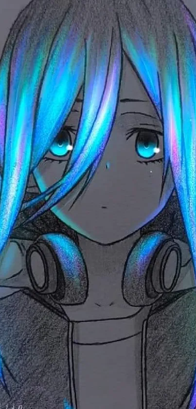 Anime character with electric blue hair and expressive eyes in a vibrant illustration.